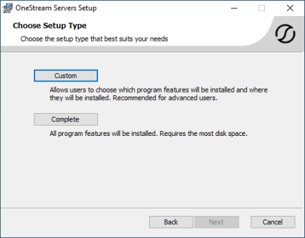 Choose setup type dialog box with Custom highlighted
